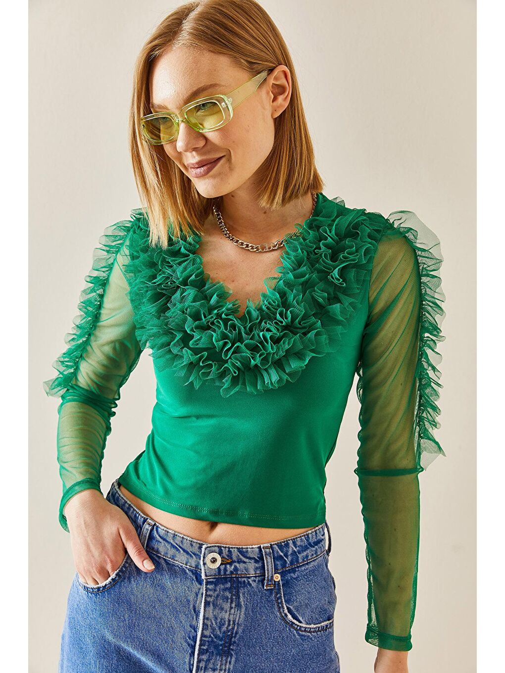 Yeşil V Yaka Tütü Detaylı Bluz 3YXK2-47243-08-2