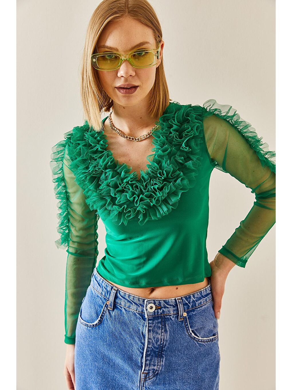 Yeşil V Yaka Tütü Detaylı Bluz 3YXK2-47243-08-3