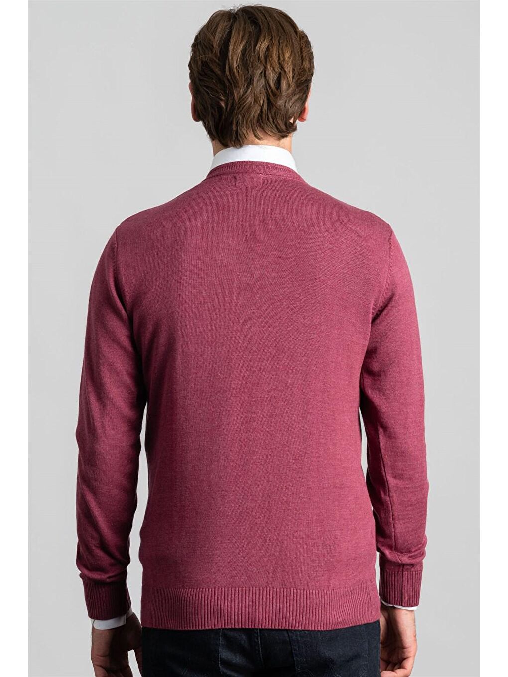 Erkek Standart Fit Normal Kesim V Yaka Pamuklu Gül Kurusu Pembe Triko Kazak-3