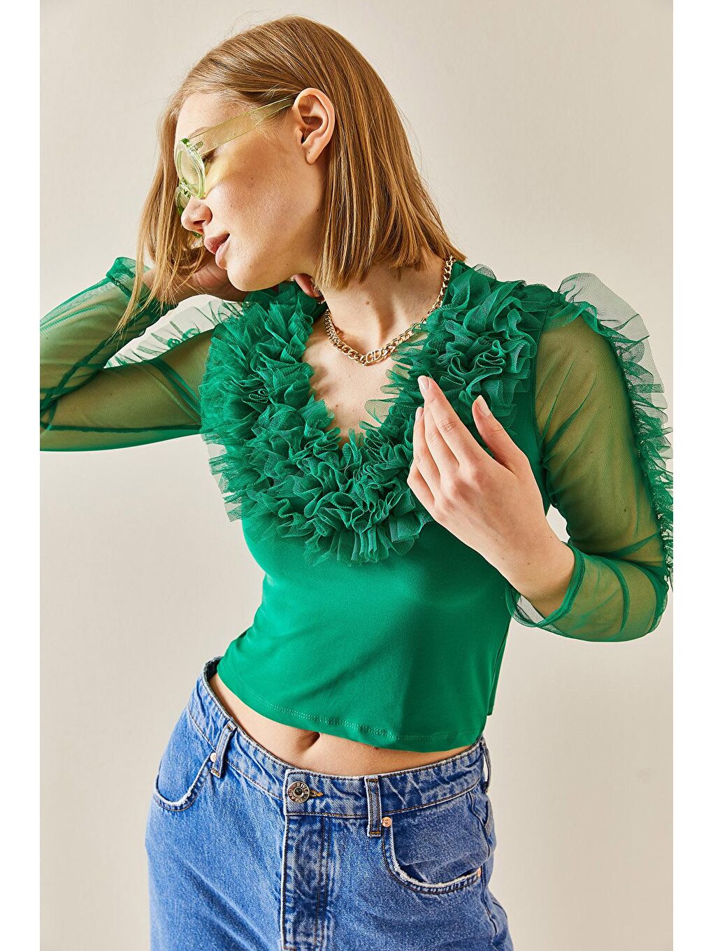 Yeşil V Yaka Tütü Detaylı Bluz 3YXK2-47243-08-4