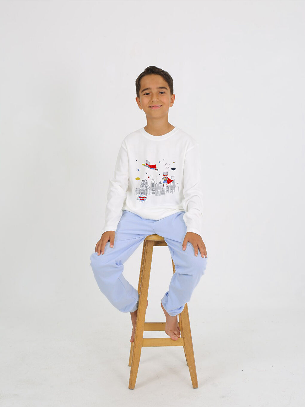 Mavi Bisiklet Yaka Uzun Kollu Erkek Çocuk Pijama Takımı