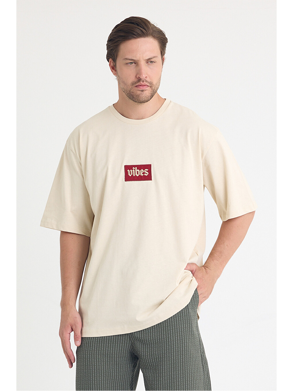 Ekru Erkek Relaxed 003 Oversize Krem Tişört-2