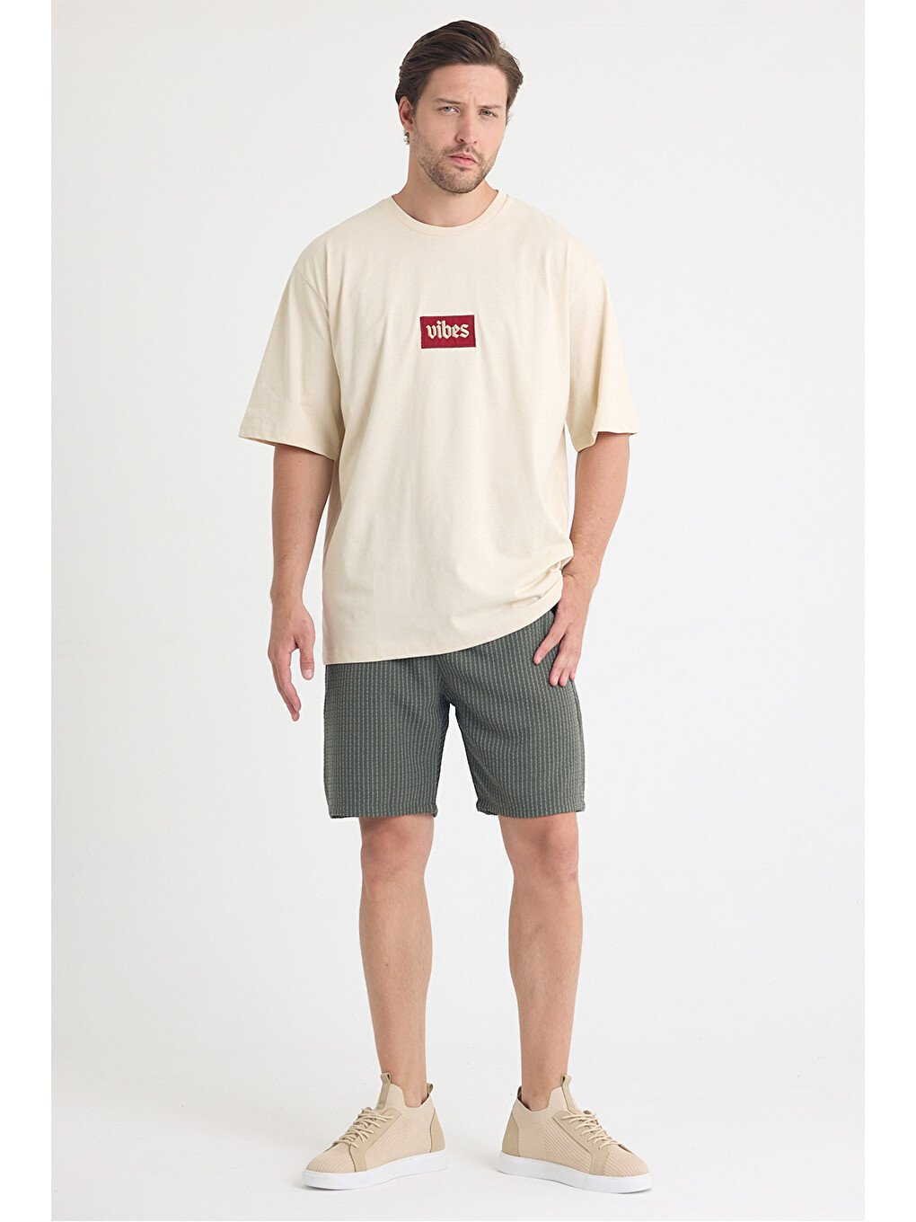Ekru Erkek Relaxed 003 Oversize Krem Tişört-3