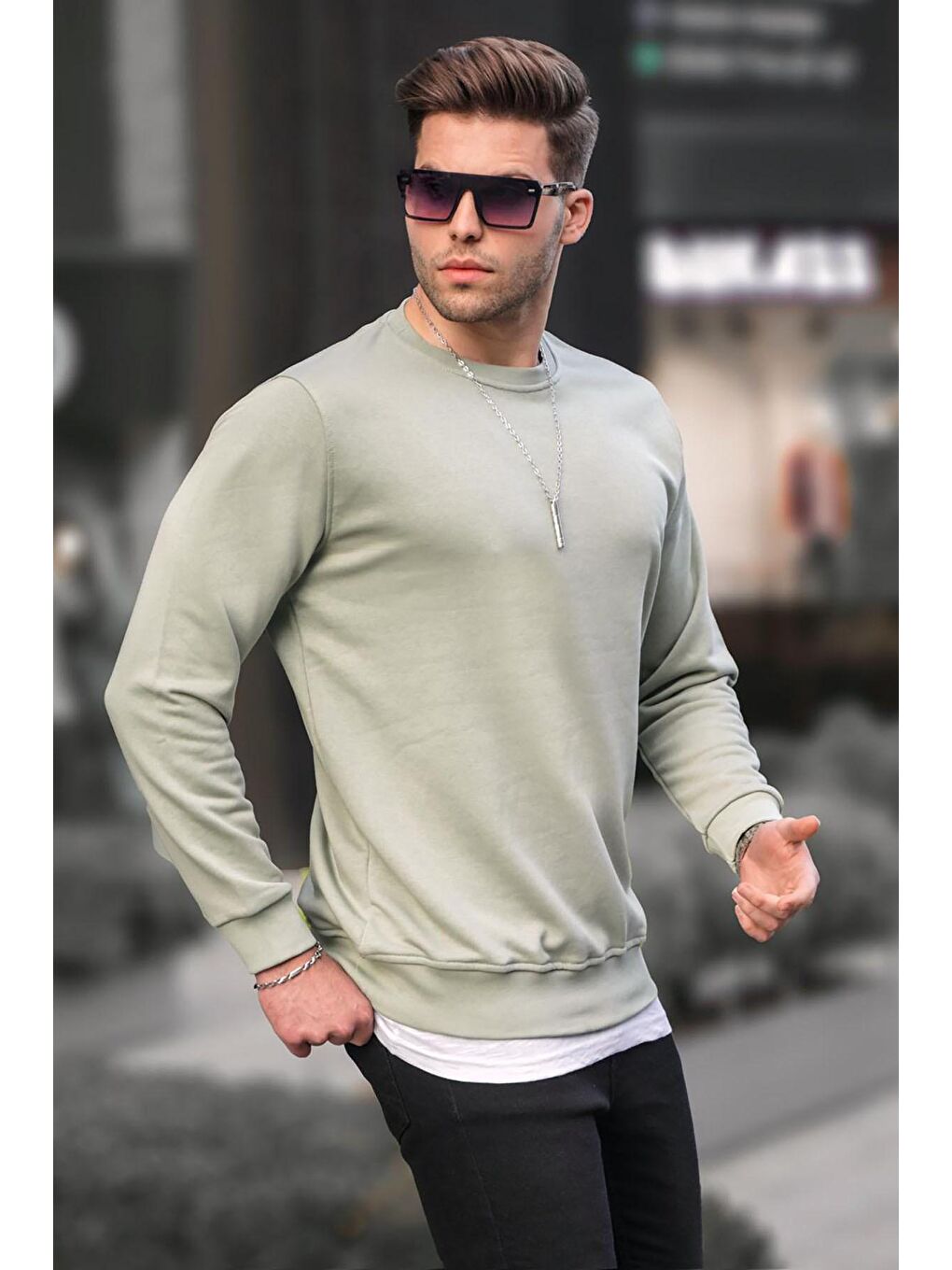 Madmext Nane Yeşili Mint Yeşili Basic Bisiklet Yaka Erkek Sweatshirt 6047