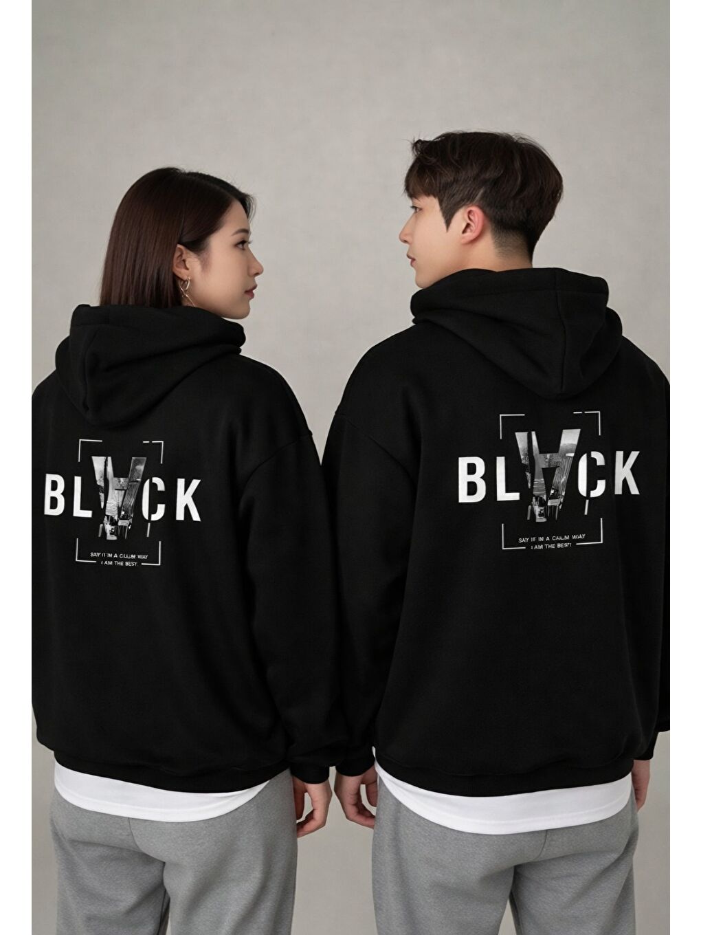 2'li Sevgili Kombini Siyah Black Baskılı Kapüşonlu Uzun Kollu Sweatshirt