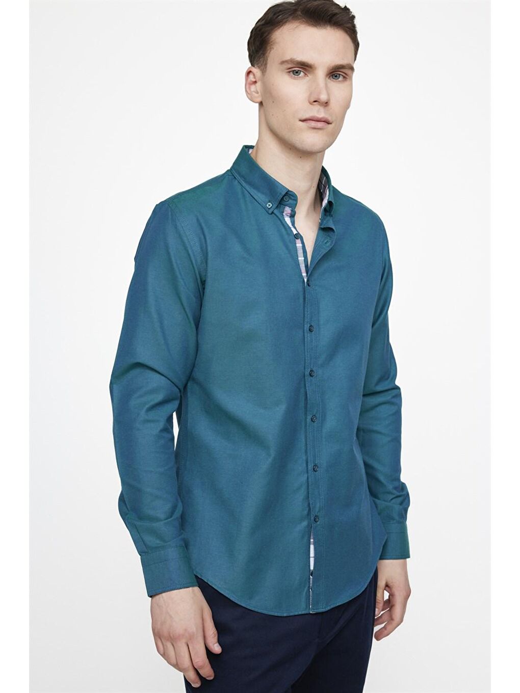 Mavi Slim Fit Pamuklu Kolay Ütü Düz Erkek Yeşil Gömlek