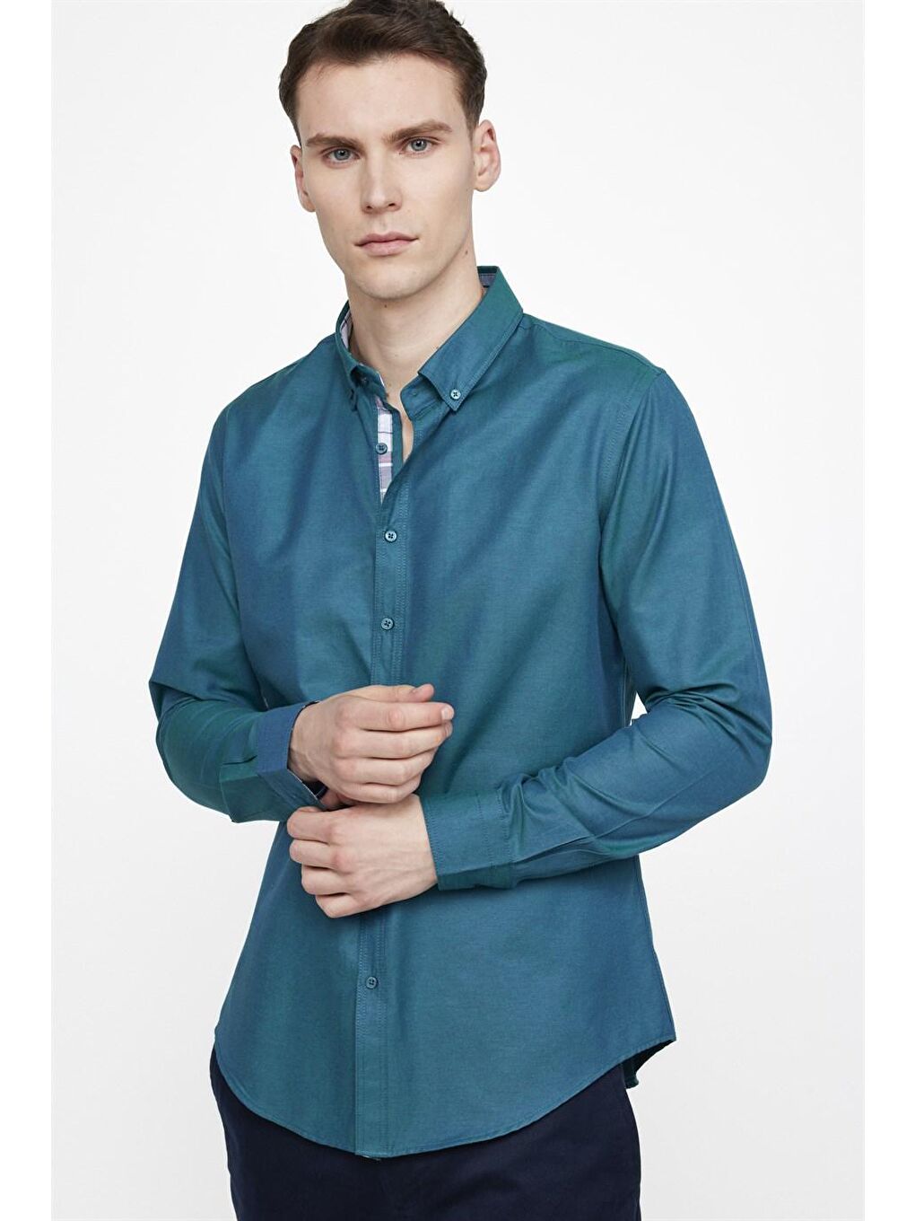 Mavi Slim Fit Pamuklu Kolay Ütü Düz Erkek Yeşil Gömlek-1