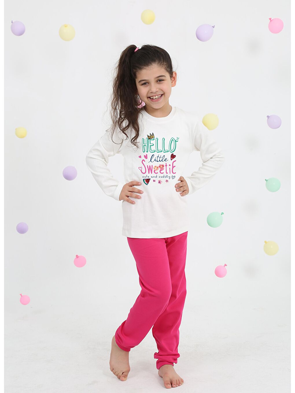 Ekru Bisiklet Yaka Uzun Kollu Kız Çocuk Pijama Takımı