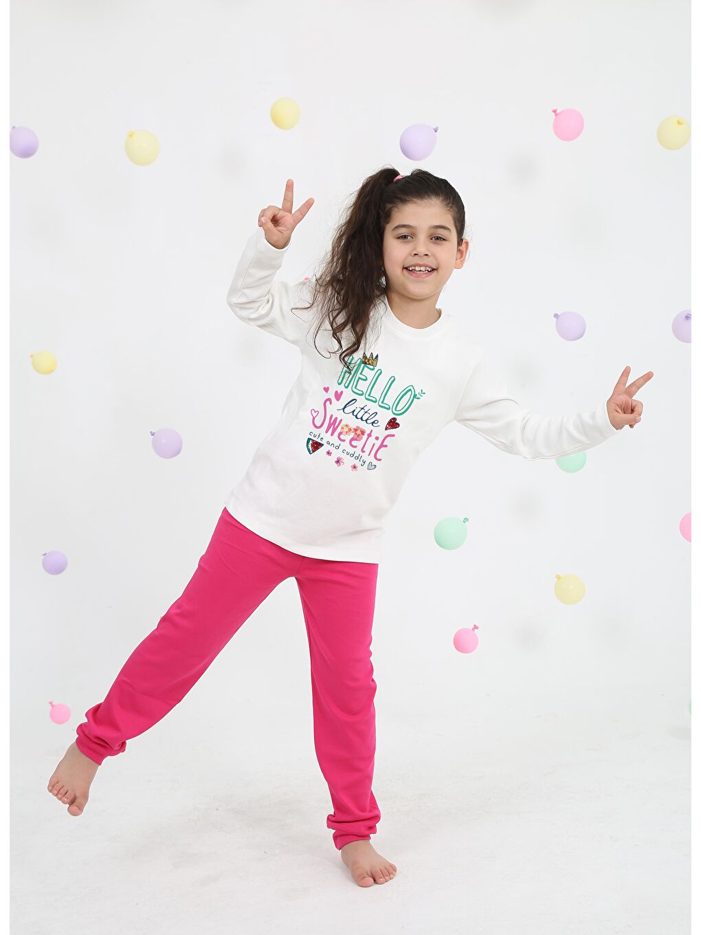 Ekru Bisiklet Yaka Uzun Kollu Kız Çocuk Pijama Takımı-1