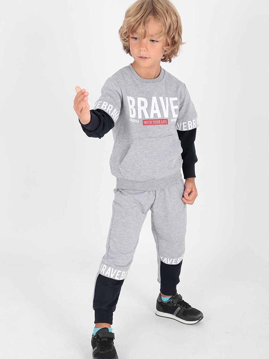 ahengim Gri Kids Erkek Çocuk Brave Baskılı Trend Okul Eşofman Takımı Ak2231