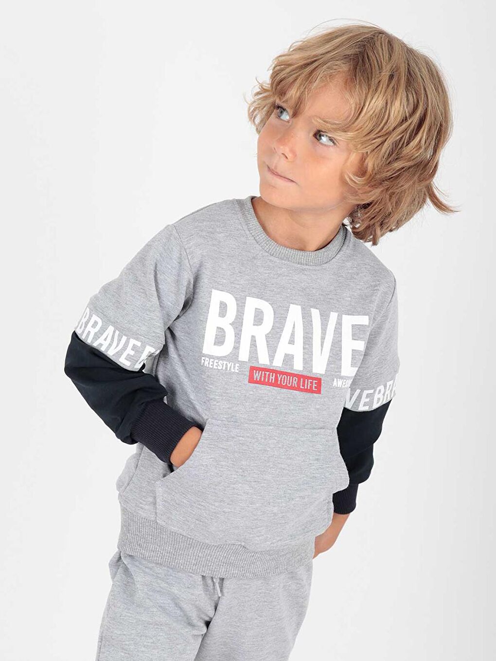 ahengim Gri Kids Erkek Çocuk Brave Baskılı Trend Okul Eşofman Takımı Ak2231 - 1