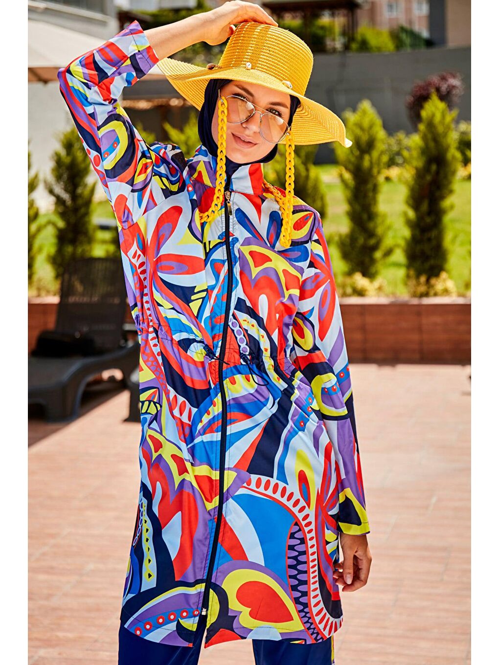 Lacivert Desenli Tam Kapalı Tesettür Mayo R2317