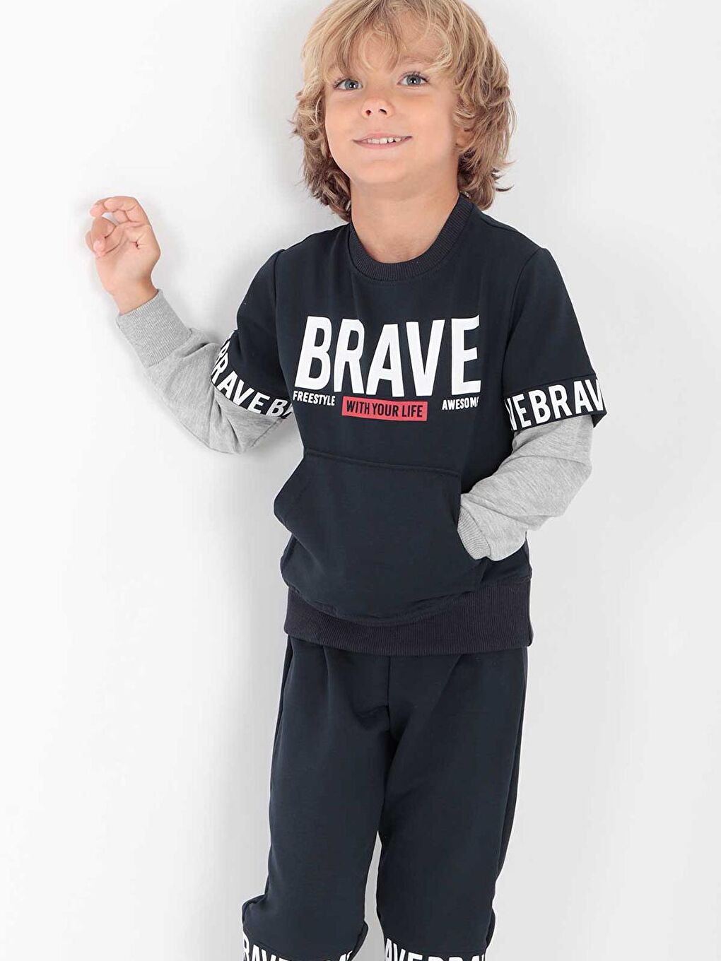 ahengim Lacivert Kids Erkek Çocuk Brave Baskılı Trend Okul Eşofman Takımı Ak2231 - 3