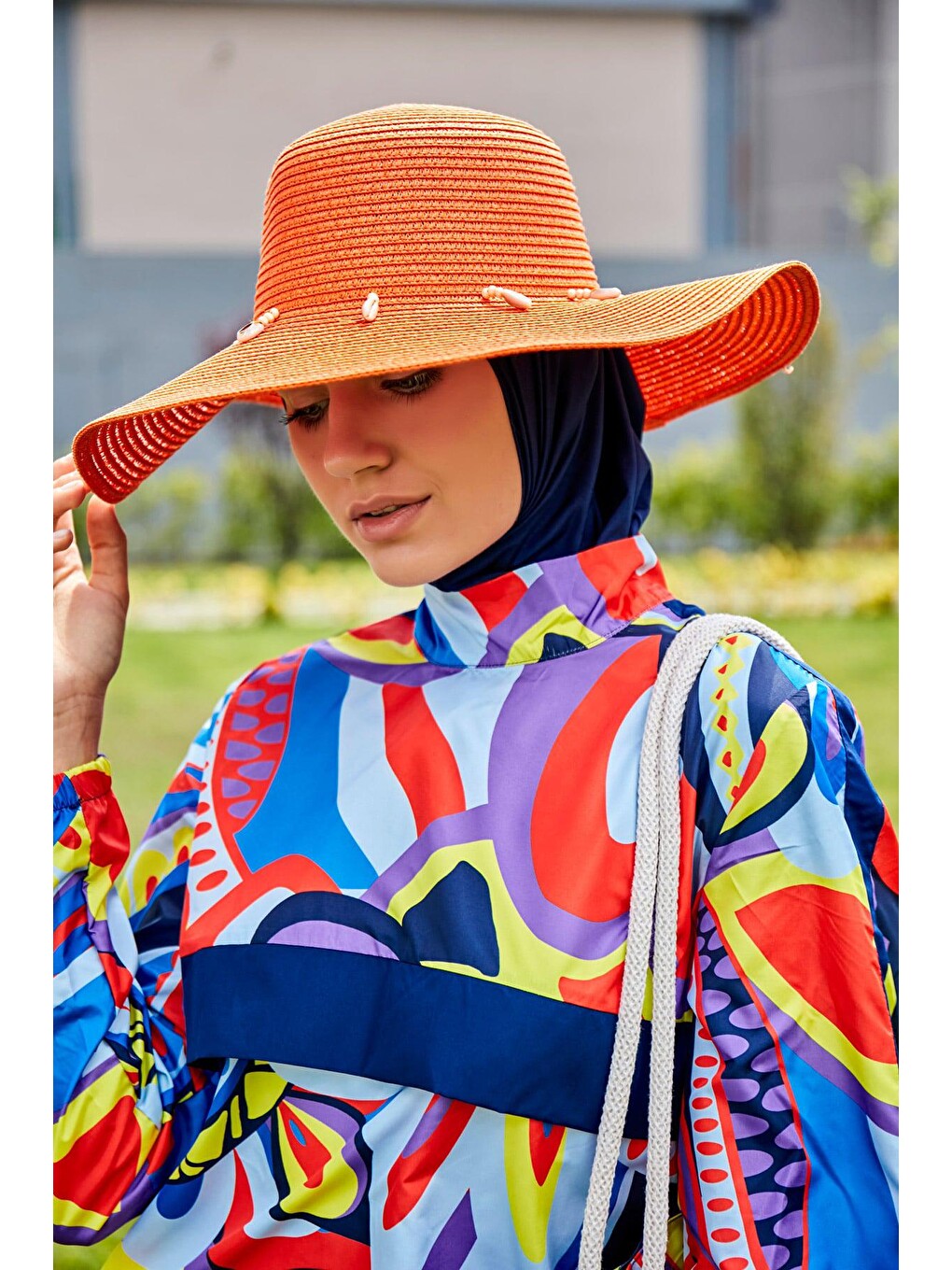 Lacivert Desenli Tam Kapalı Tesettür Mayo R2318-1