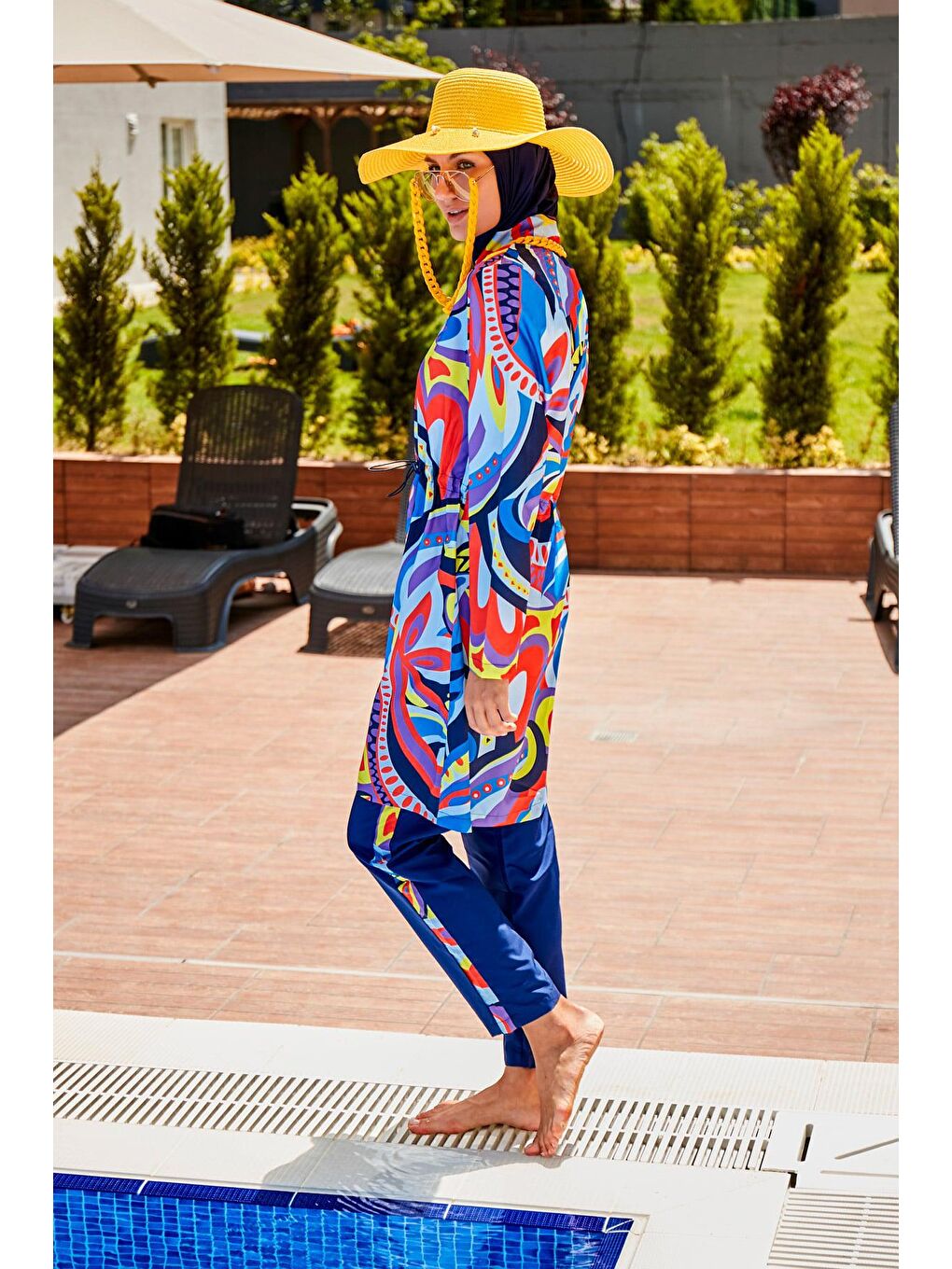 Lacivert Desenli Tam Kapalı Tesettür Mayo R2317-1