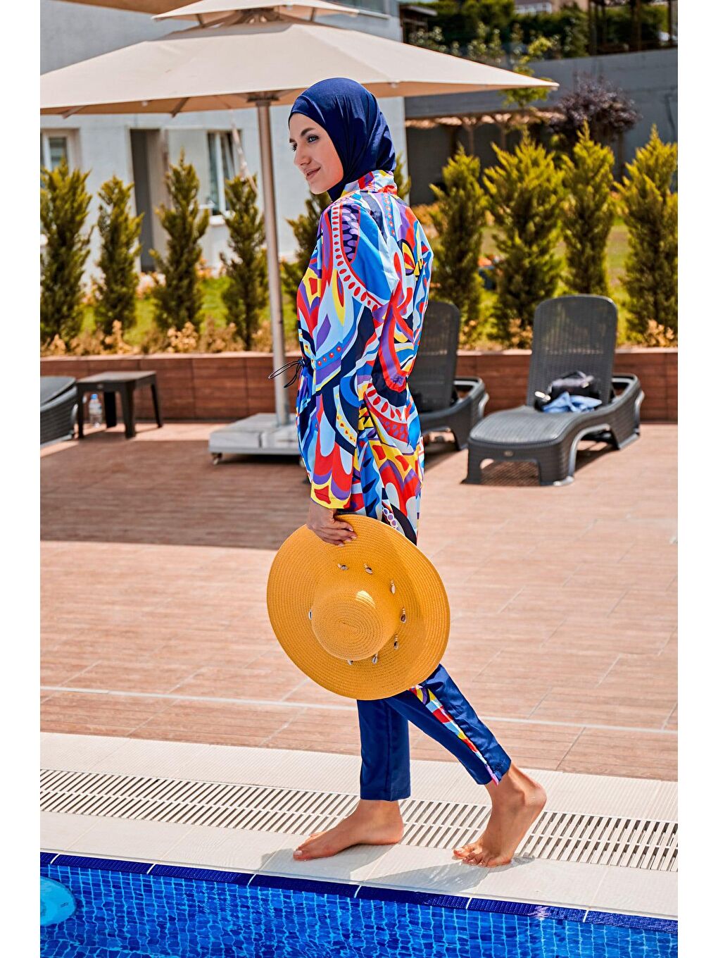 Lacivert Desenli Tam Kapalı Tesettür Mayo R2317-2