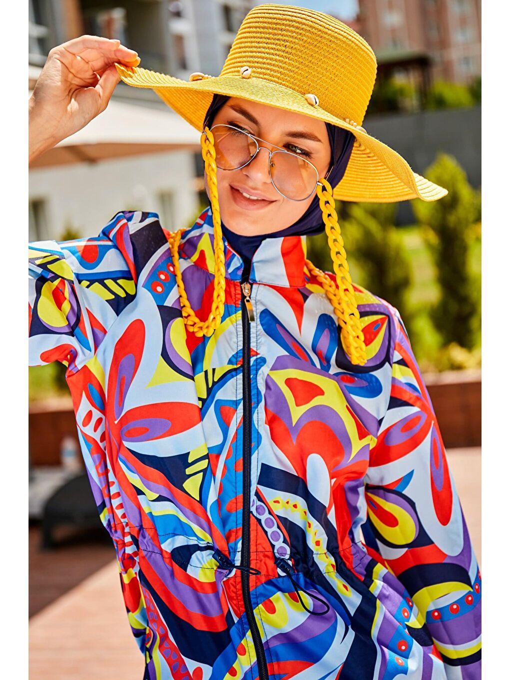 Lacivert Desenli Tam Kapalı Tesettür Mayo R2317-3