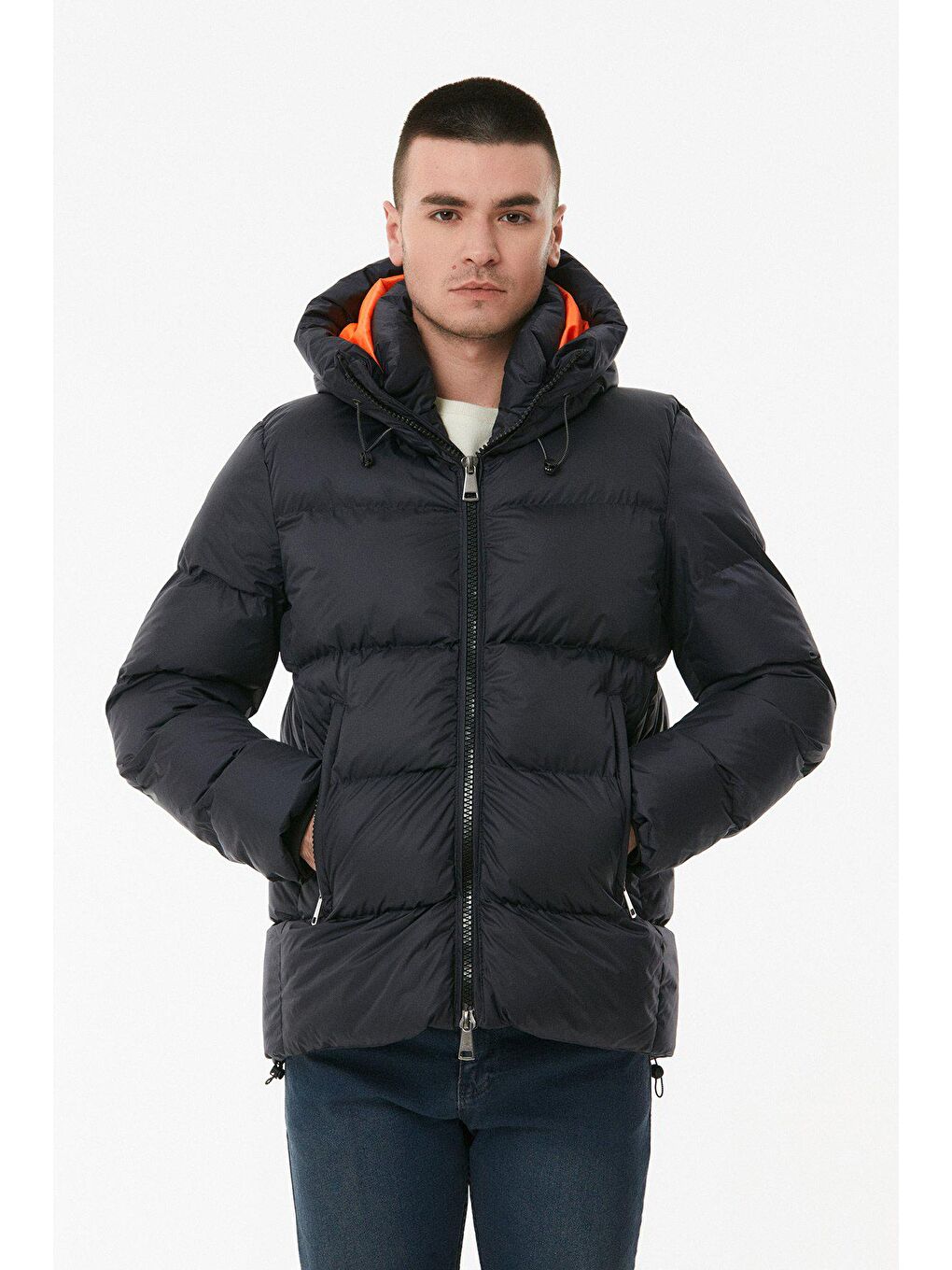 Lacivert Beli Lastikli Kapüşonlu  Şişme Mont