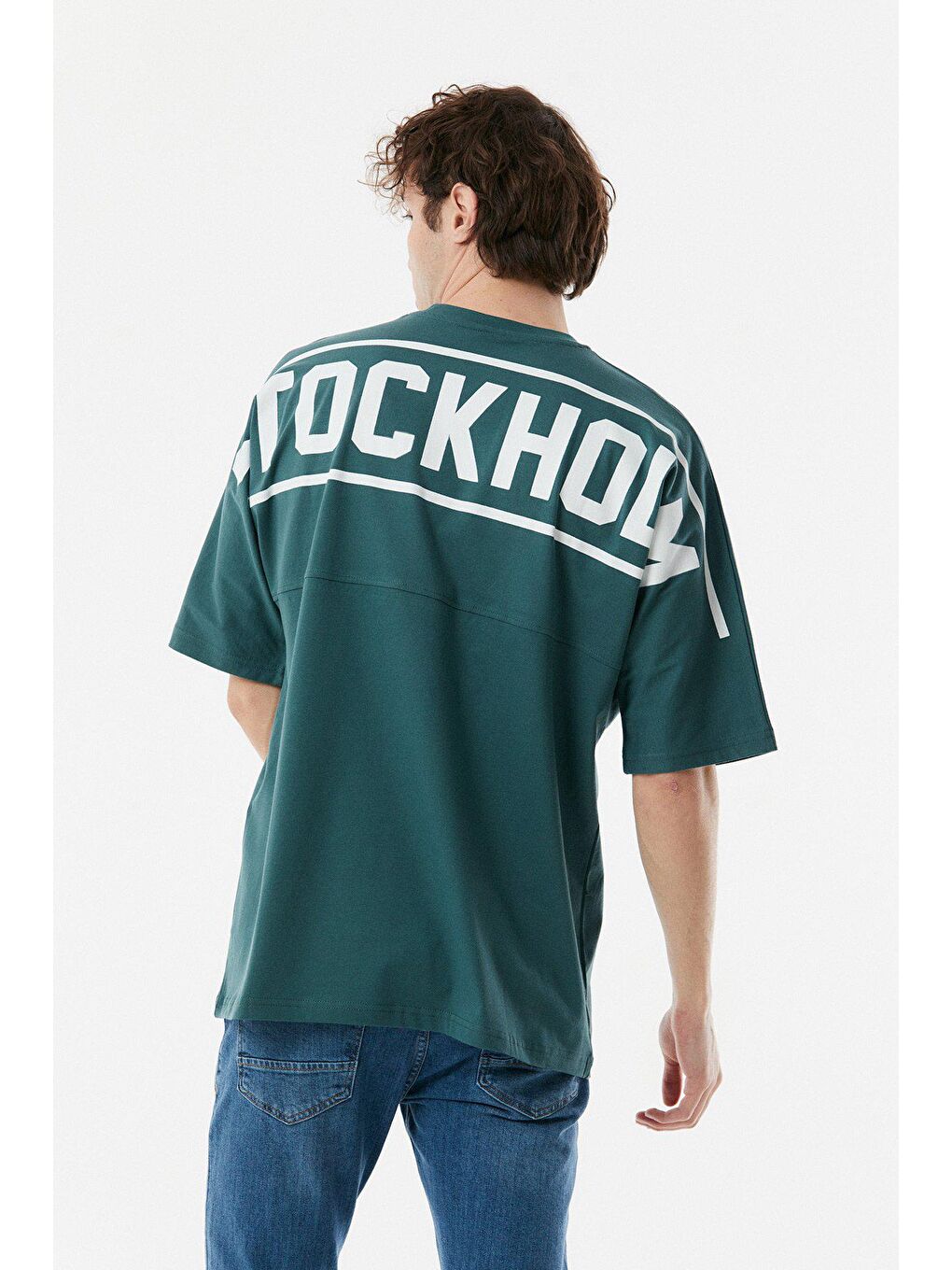 Petrol Baskılı Bisiklet Yaka Oversize Tişört-2