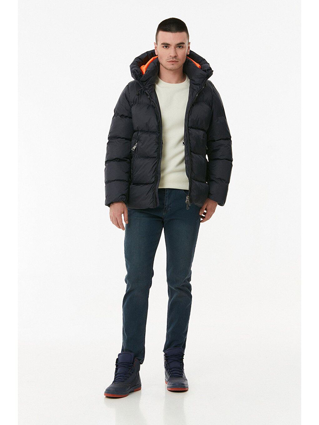 Lacivert Beli Lastikli Kapüşonlu  Şişme Mont-1