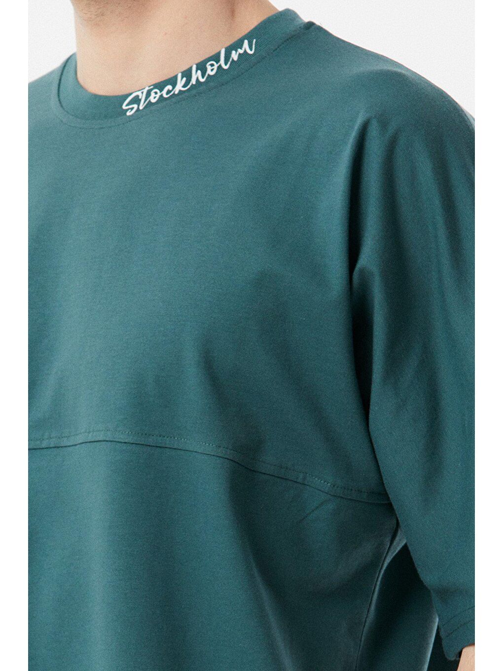 Petrol Baskılı Bisiklet Yaka Oversize Tişört-3