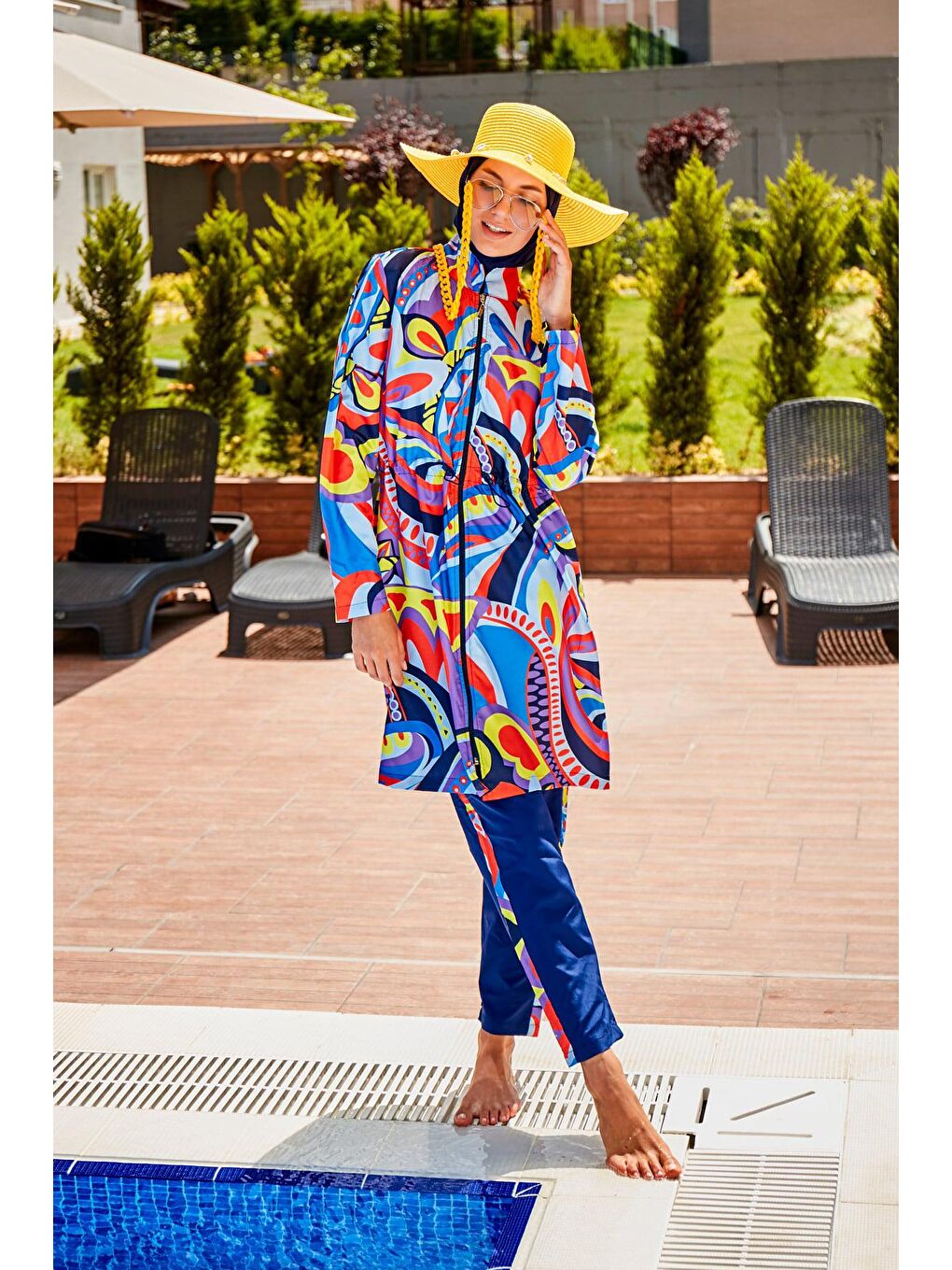 Lacivert Desenli Tam Kapalı Tesettür Mayo R2317-4