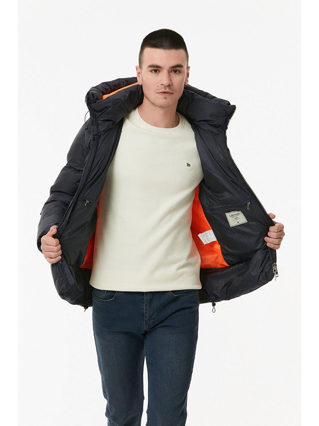 Lacivert Beli Lastikli Kapüşonlu  Şişme Mont-2