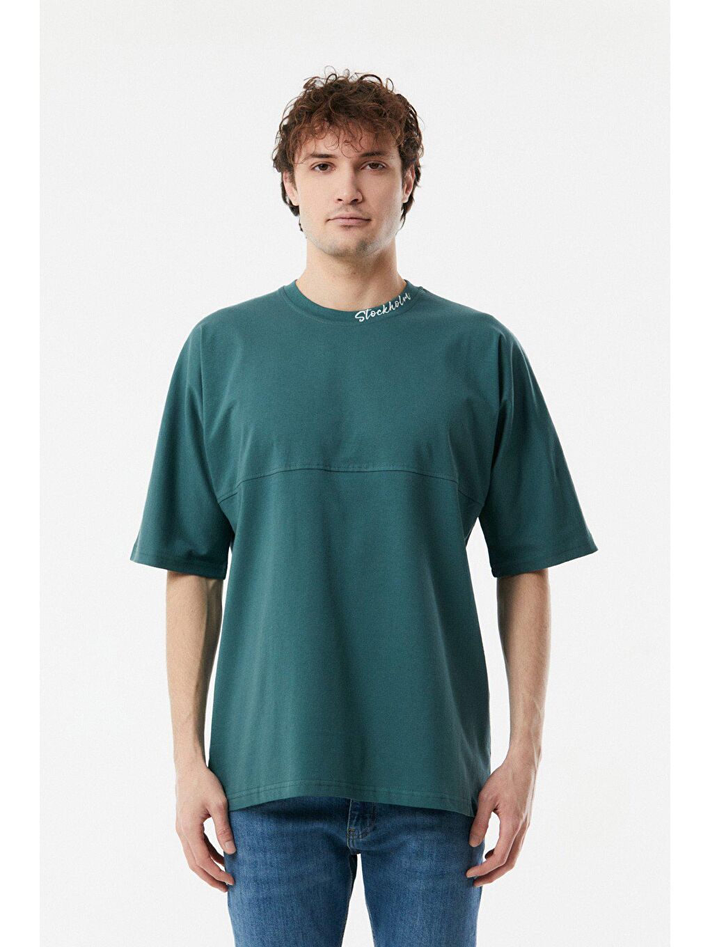 Petrol Baskılı Bisiklet Yaka Oversize Tişört-4