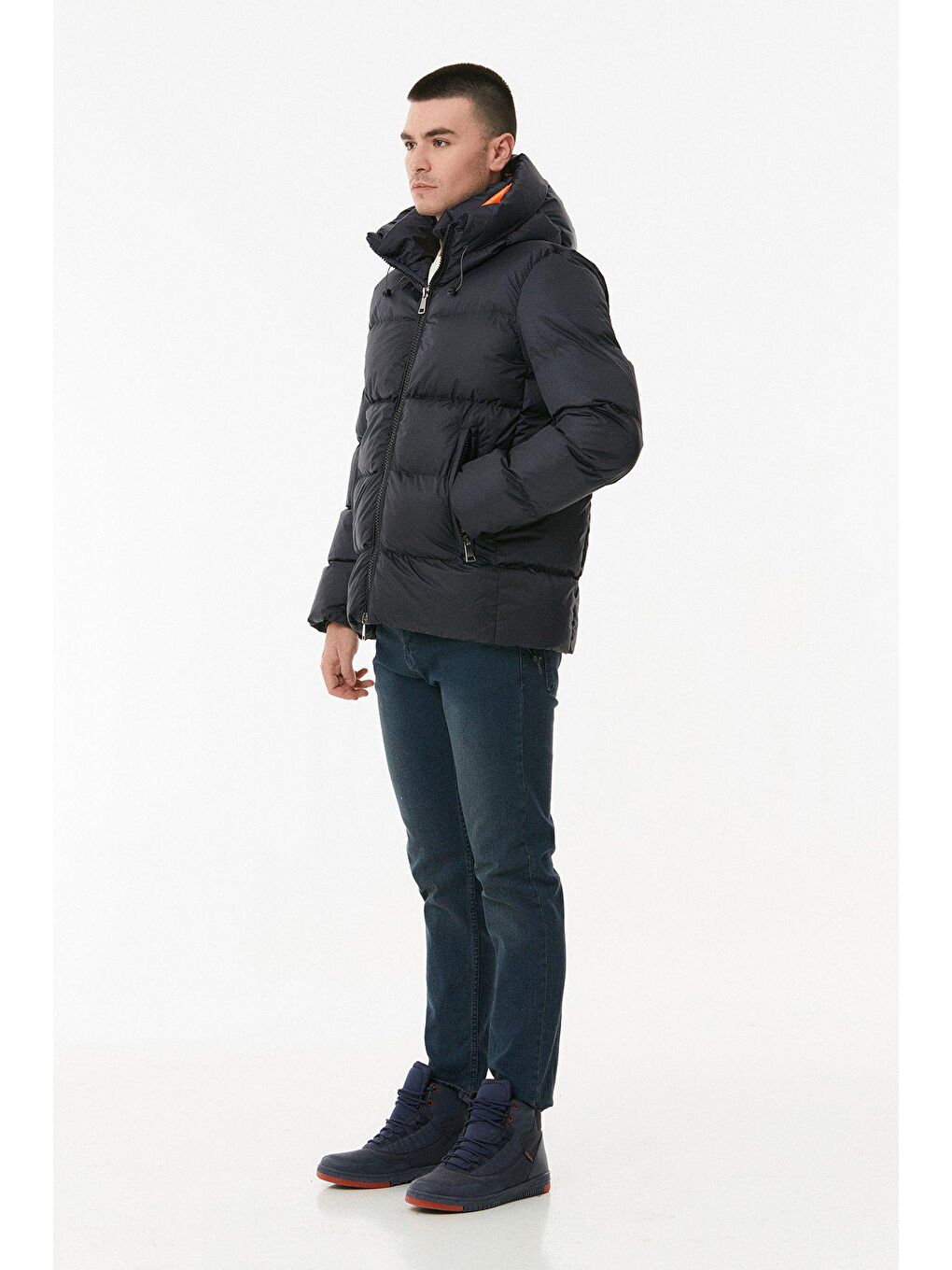 Lacivert Beli Lastikli Kapüşonlu  Şişme Mont-3