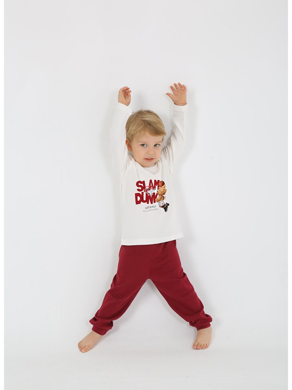 Ekru Bisiklet Yaka Uzun Kollu Erkek Çocuk Pijama Takımı