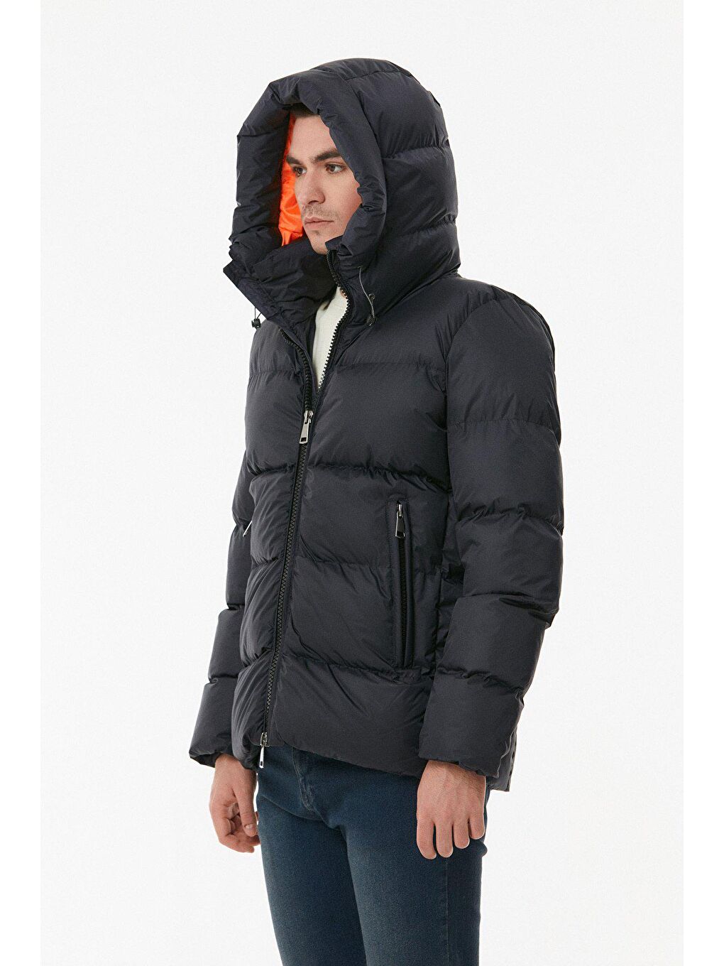 Lacivert Beli Lastikli Kapüşonlu  Şişme Mont-4