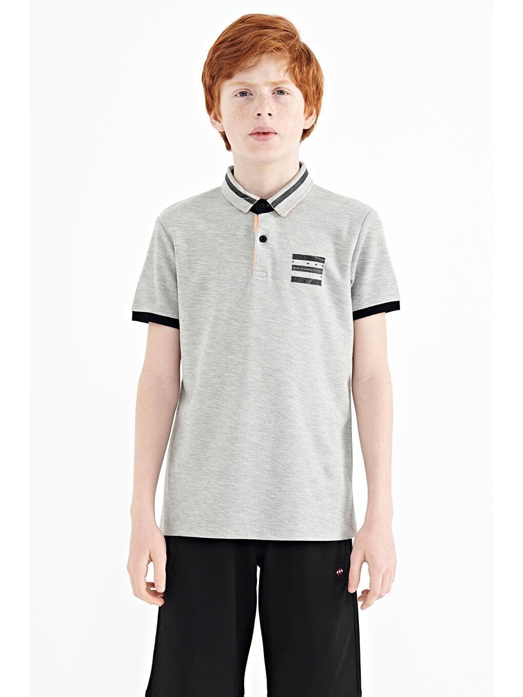 Gri Melanj Yakası Renk Bloklu Baskı Detaylı Standart Kalıp Erkek Çocuk Tişört - 11111