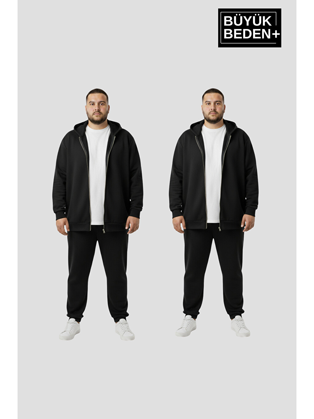 Siyah Büyük Beden Kapüşonlu 2'li Set İnce Erkek Fermuarlı Sweatshirt Hırka Rahat Kalıp Spr26bhr960+2