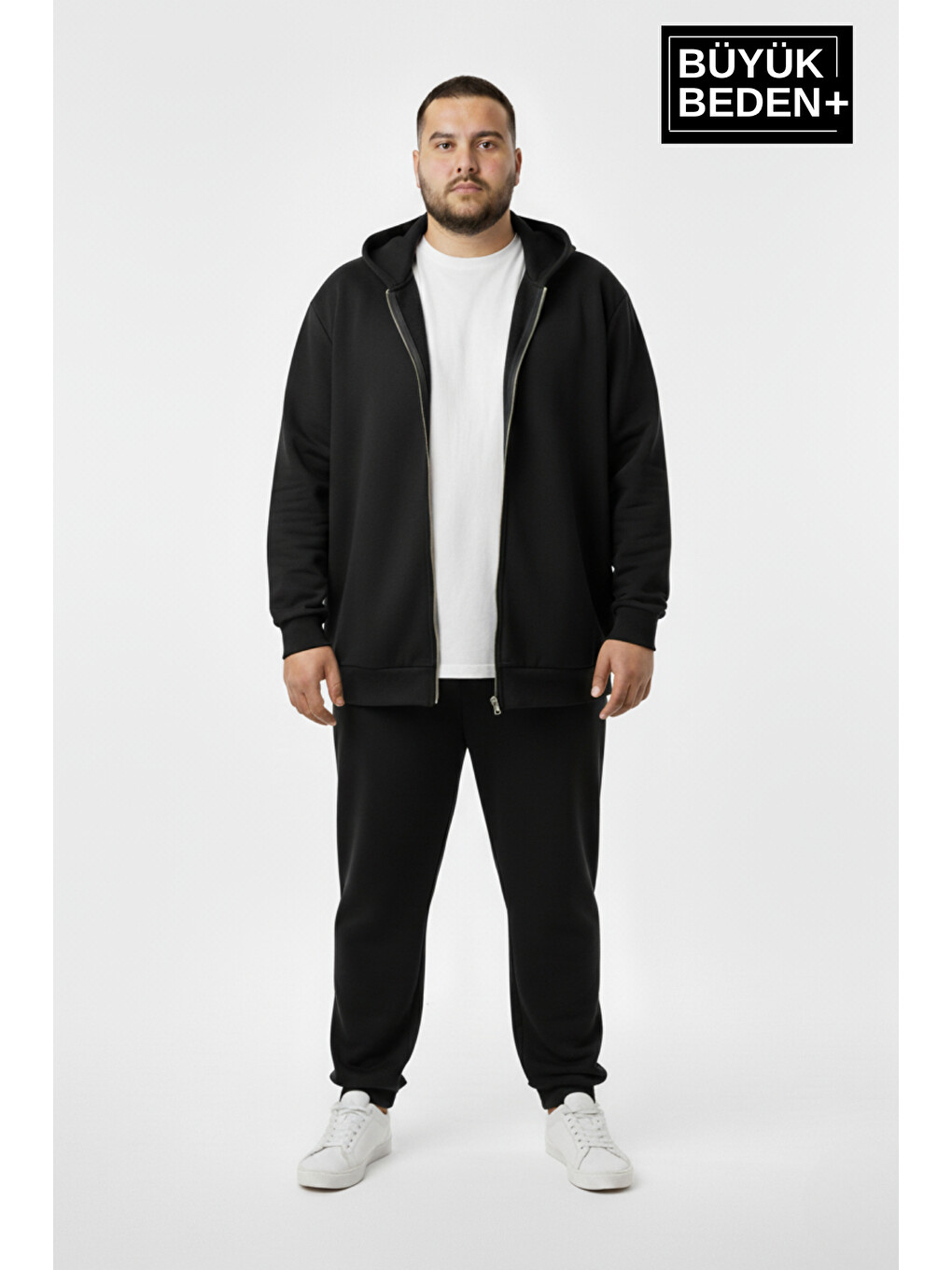 Siyah Büyük Beden Kapüşonlu 2'li Set İnce Erkek Fermuarlı Sweatshirt Hırka Rahat Kalıp Spr26bhr960+2-1