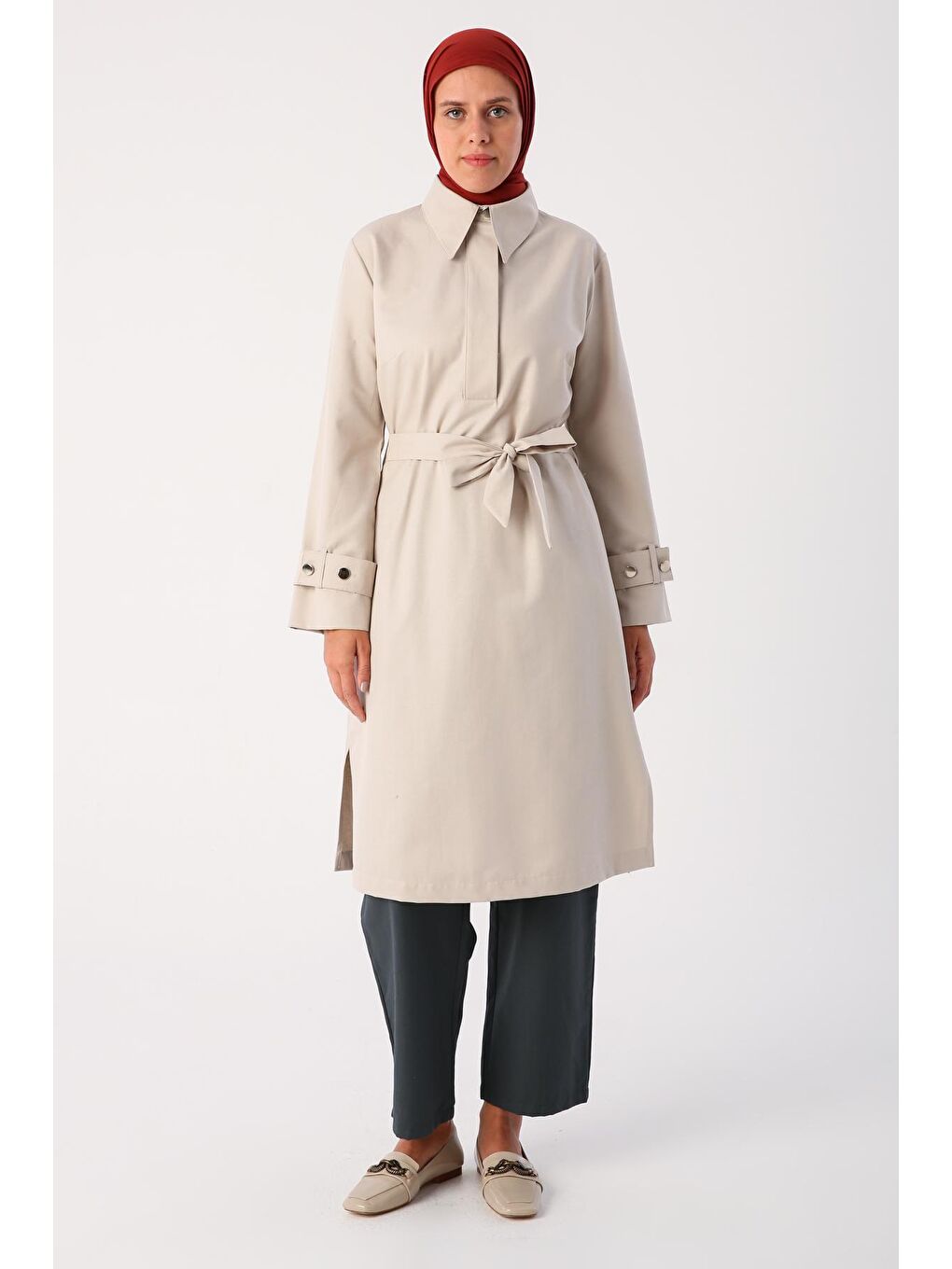 Bej Taş Yarım Patlı Kolları Apoletli Kuşaklı Tunik-1