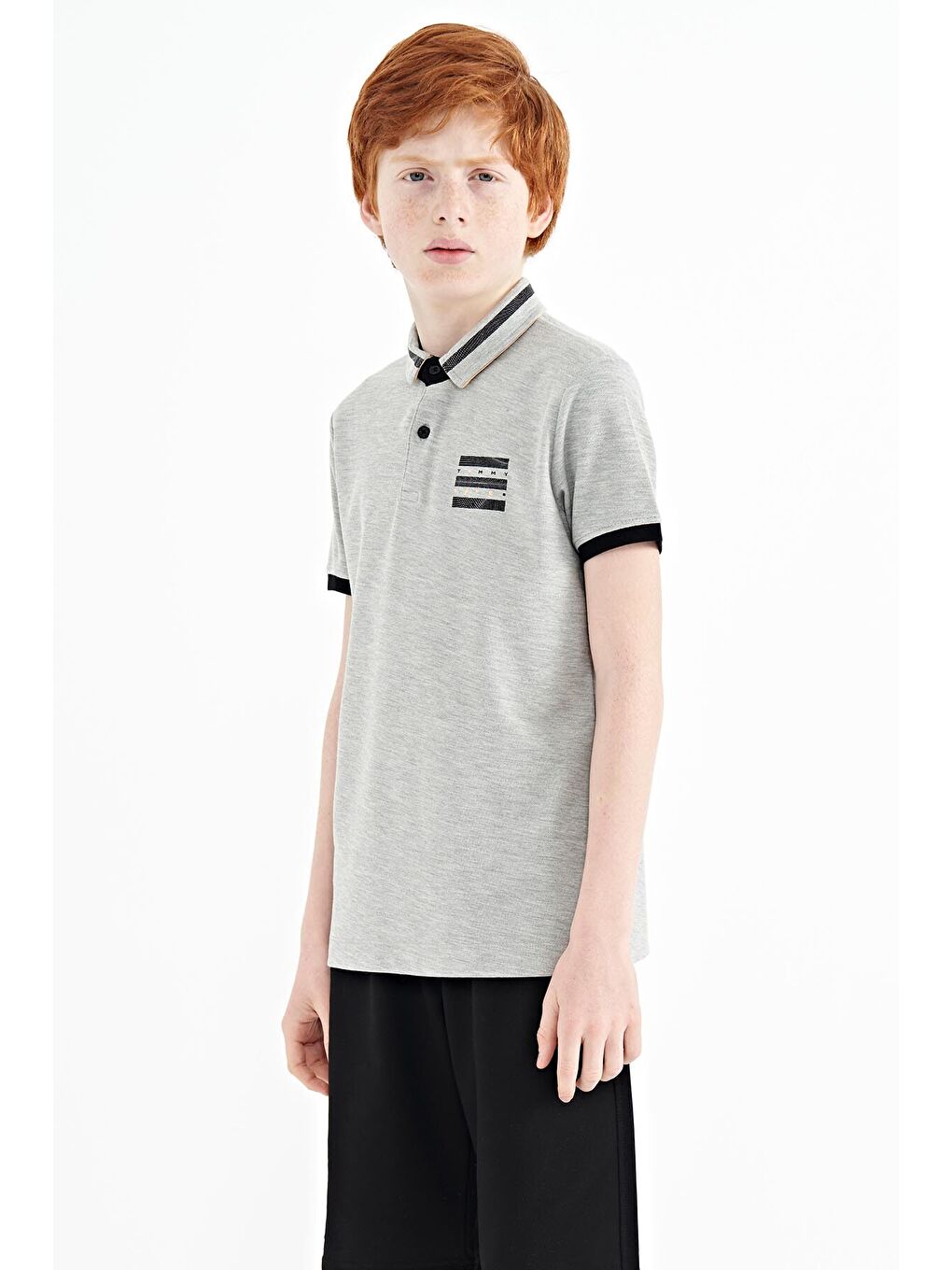 Gri Melanj Yakası Renk Bloklu Baskı Detaylı Standart Kalıp Erkek Çocuk Tişört - 11111-4