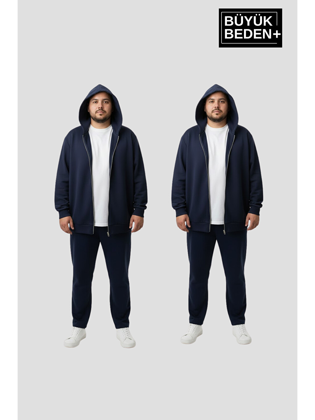 Lacivert Büyük Beden Kapüşonlu 2'li Set İnce Erkek Fermuarlı Sweatshirt Hırka Rahat Kalıp Spr26bhr960+2