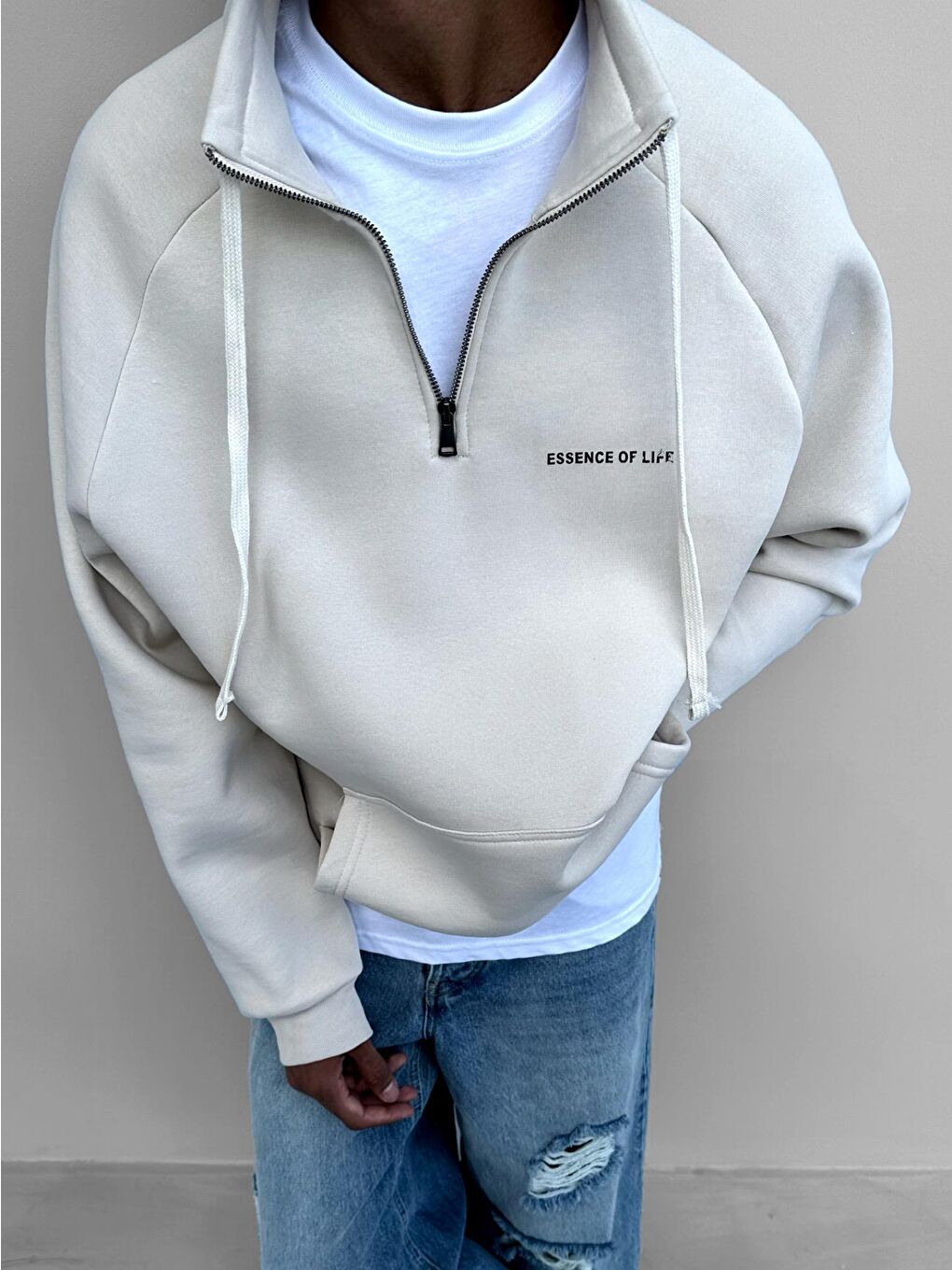 ablukaonline Bej Erkek Oversize Yarım Fermuarlı Sweatshirt Bej - 1