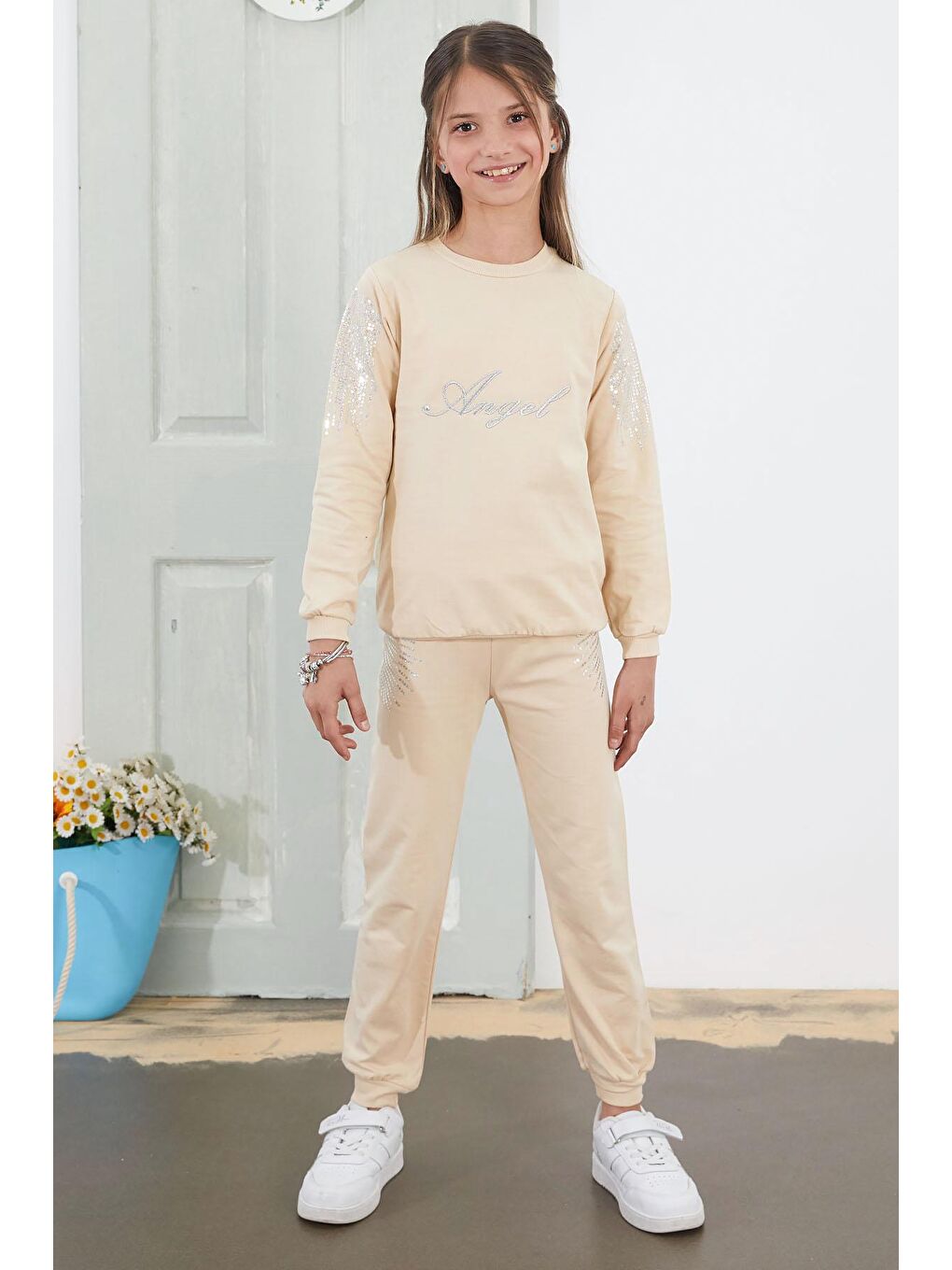 Ekru Krem Angel Nakışlı Payetli Kız Çocuk Eşofman Takımı 18579
