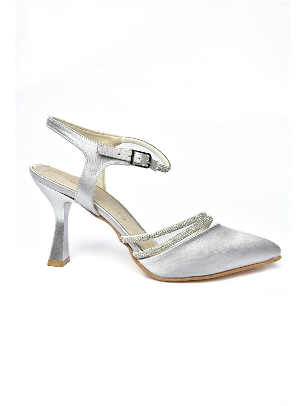 Gri P246065404 Gümüş Saten Kumaş İnce Topuklu Kadın Abiye Ayakkabı-4