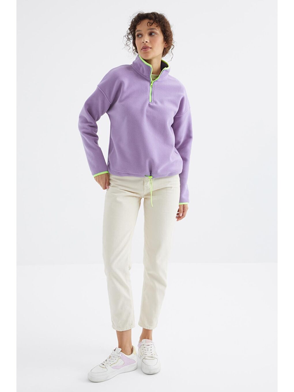 Mor Açık Eflatun Yarım Fermuar Etek Ucu Büzgülü Dik Yaka Oversize Kadın Polar Sweatshirt - 97234-1