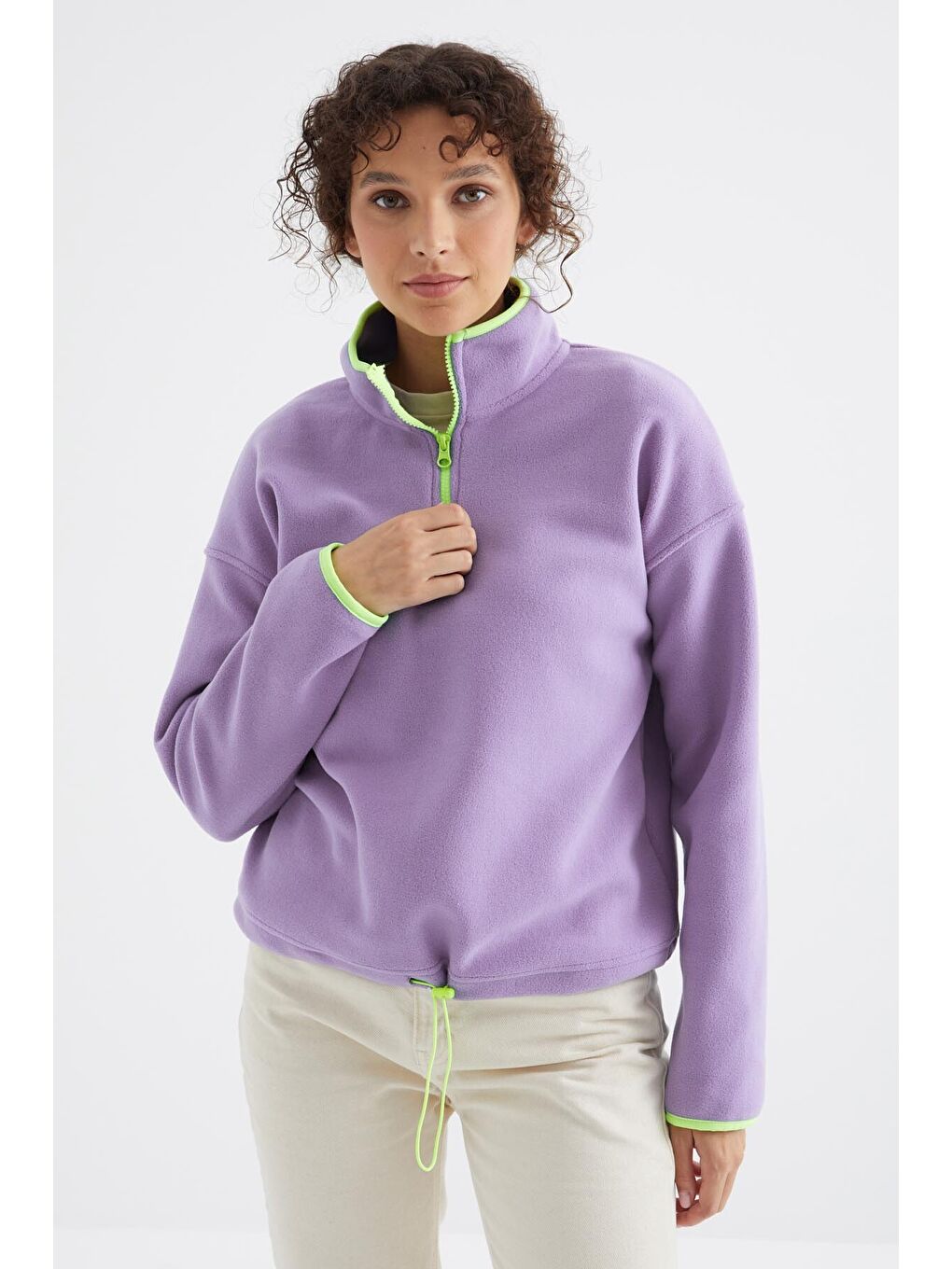 Mor Açık Eflatun Yarım Fermuar Etek Ucu Büzgülü Dik Yaka Oversize Kadın Polar Sweatshirt - 97234-2