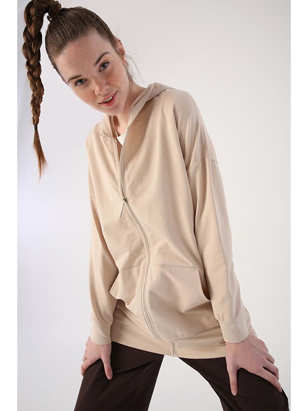 Bej01 Kapüşonlu Fermuarlı Sweat