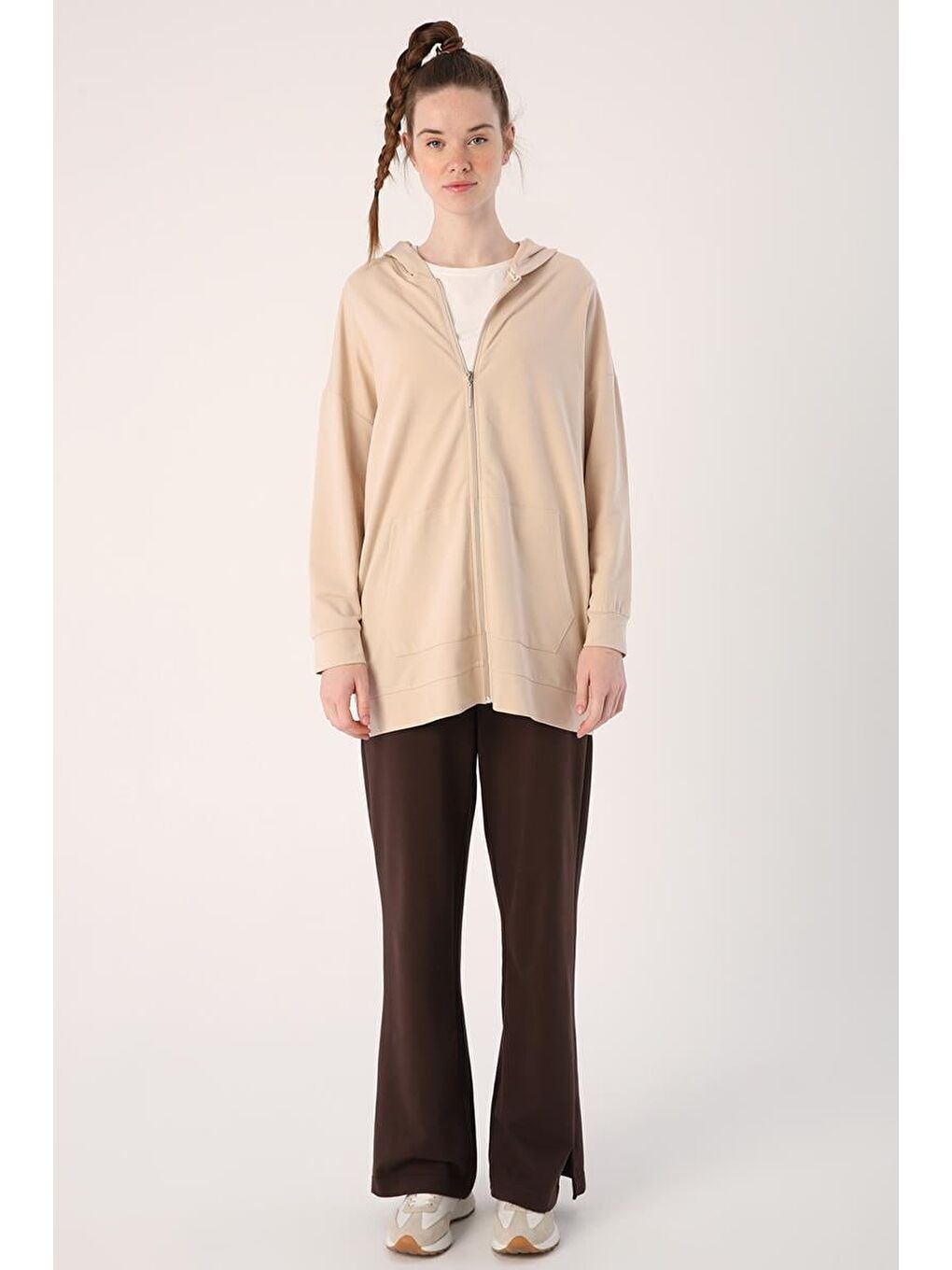 Bej01 Kapüşonlu Fermuarlı Sweat-1