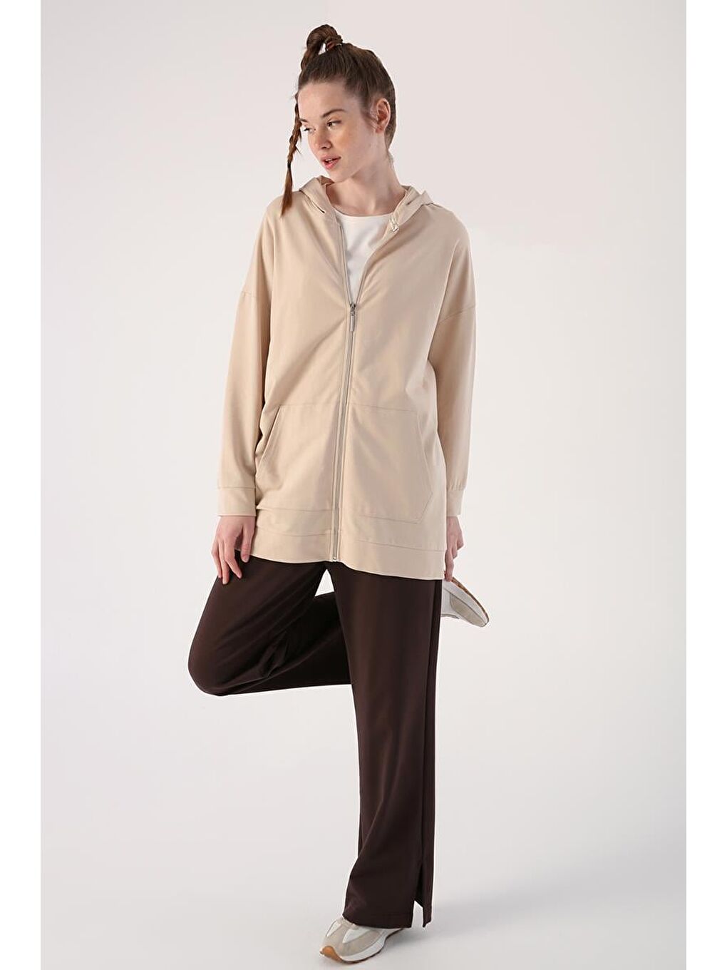 Bej01 Kapüşonlu Fermuarlı Sweat-4