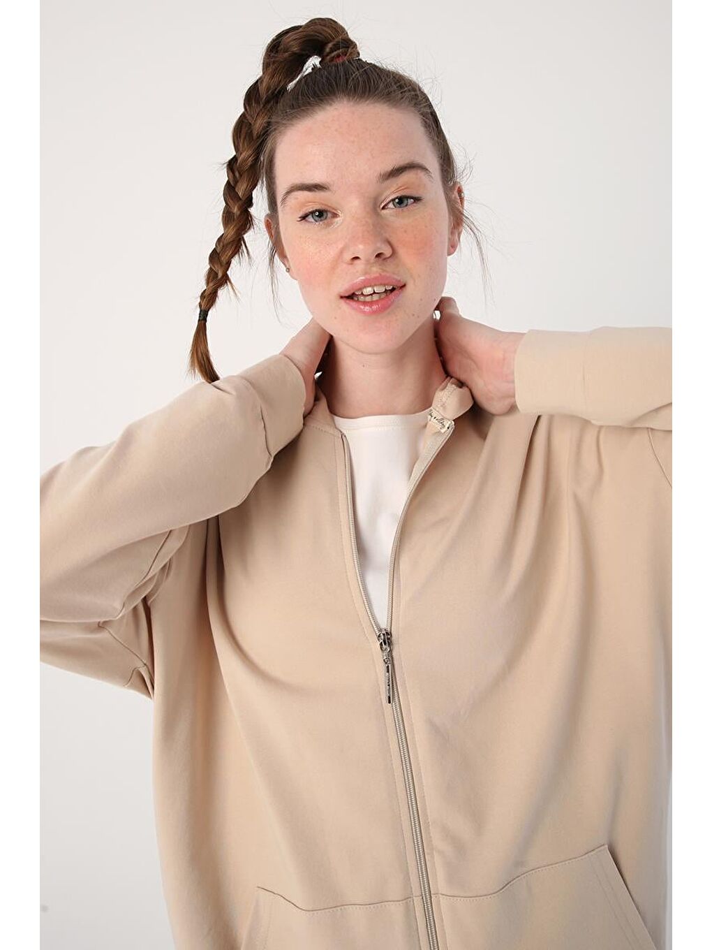 Bej01 Kapüşonlu Fermuarlı Sweat-5