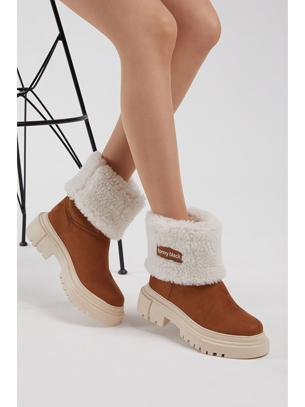 Kahverengi Kadın Taba Süet Rahat Kalıp Kalın Taban Kürklü Bot-2