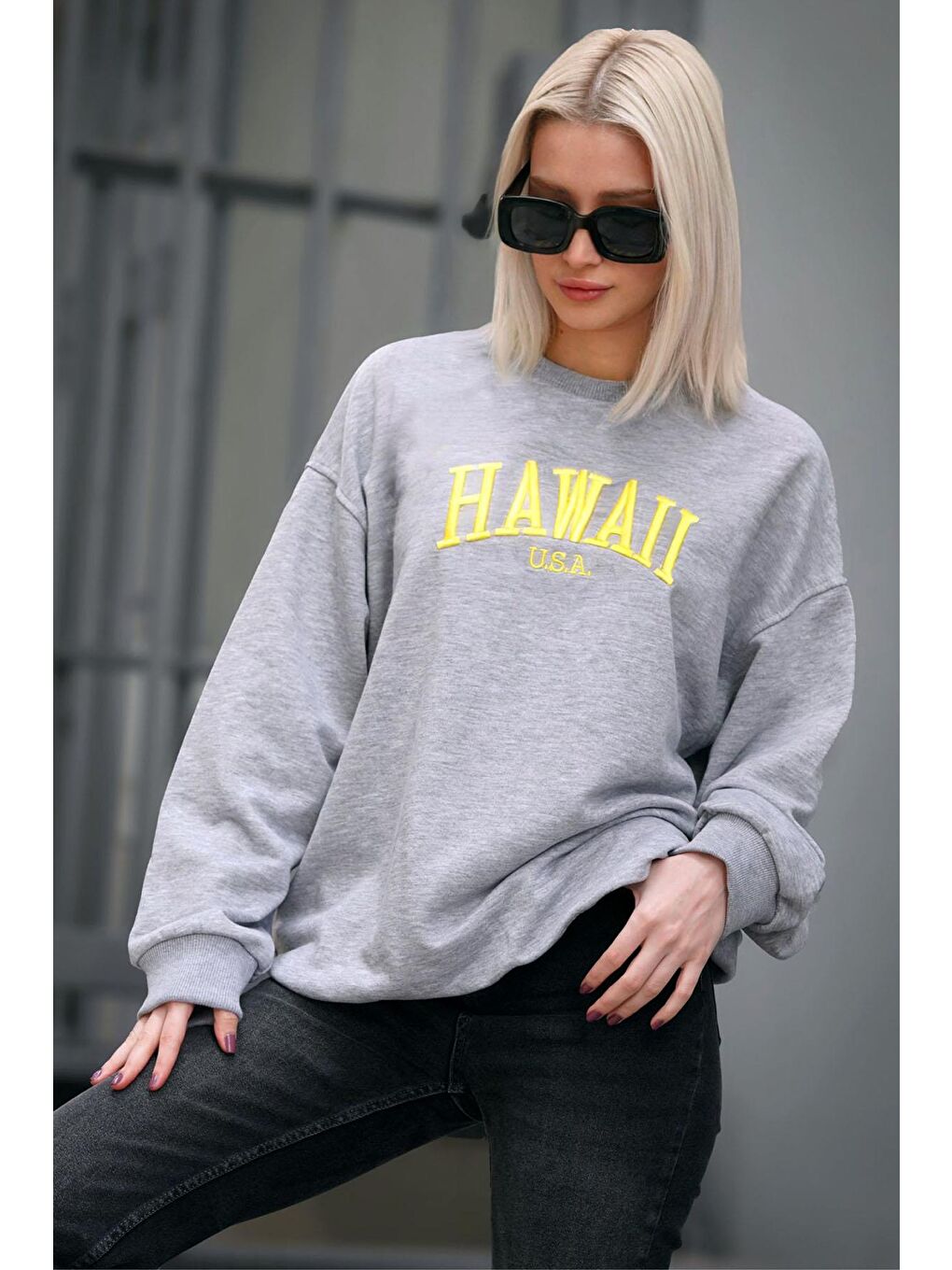 Gri Bisiklet Yaka Baskılı Sweatshirt Mg1922-1