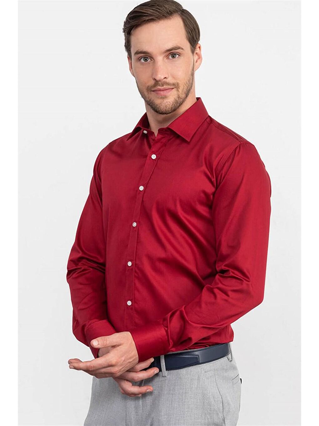 Modern Slim Fit Pamuk Saten Erkek Kırmızı Gömlek