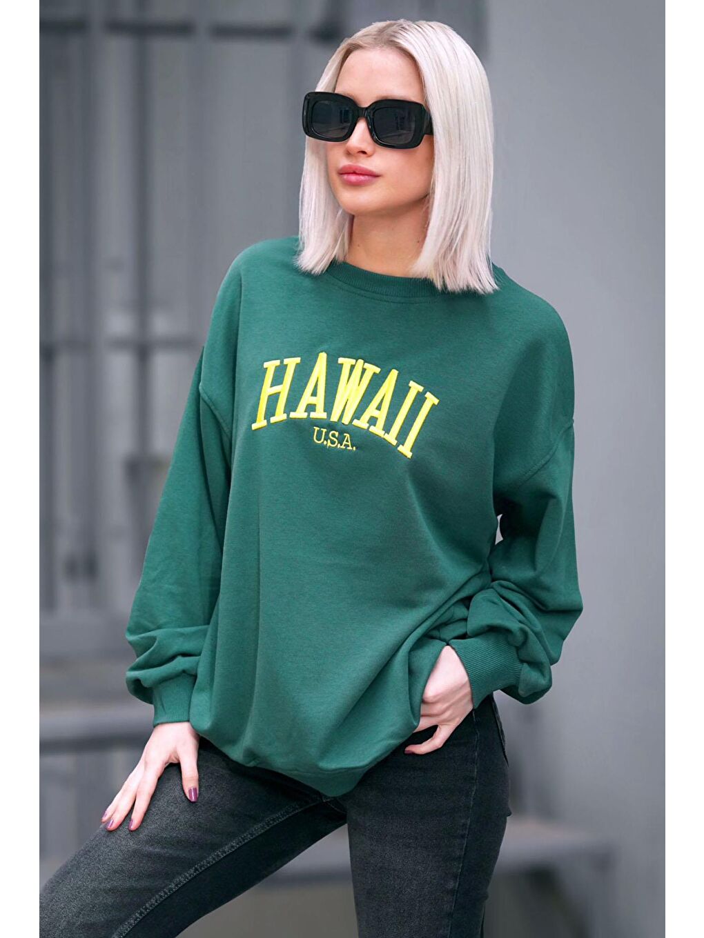 Yeşil Bisiklet Yaka Baskılı Sweatshirt Mg1922-1